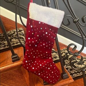 Red Holiday Stocking with White Fur Trim and Multi Iridescent Circular stickers